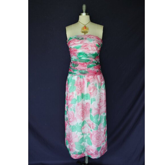 ALBERT NIPON By Night Vintage 80's Rose Silk Organza Strapless Maxi Dress Gown - Picture 2 of 9
